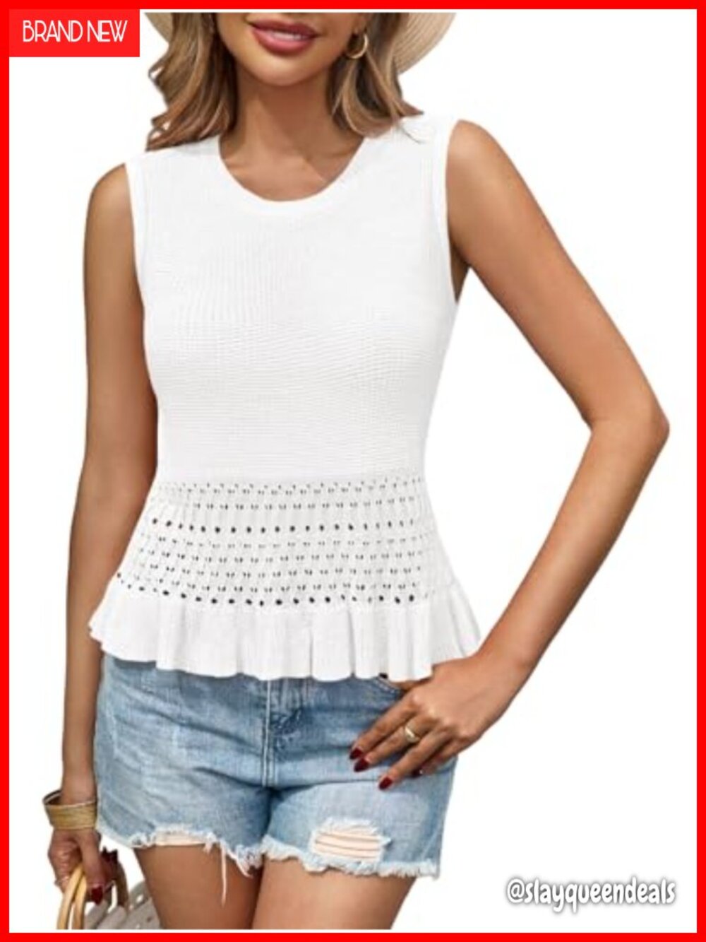 Saodimallsu Crochet Sweater Vest Tank Top Sleeveless Knit Ruffle Hem